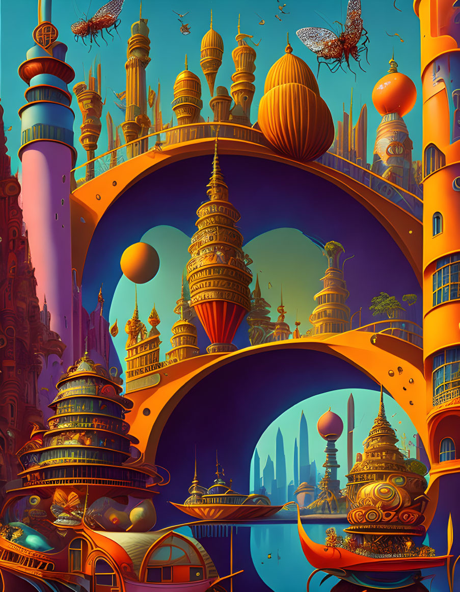 Fantastical cityscape with whimsical architecture and flying structures