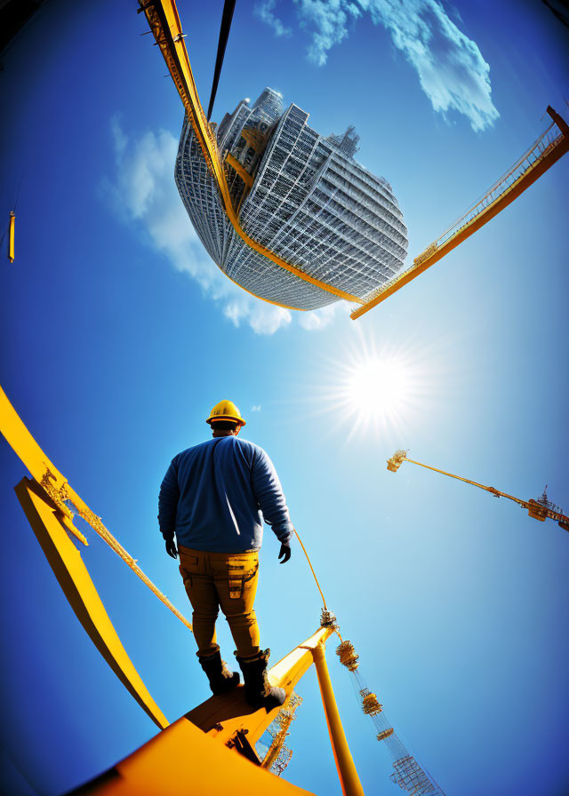 Construction worker on steel girder at high-rise construction site with cranes against blue sky