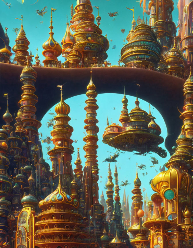 Fantastical cityscape with golden spires, floating structures, and airships