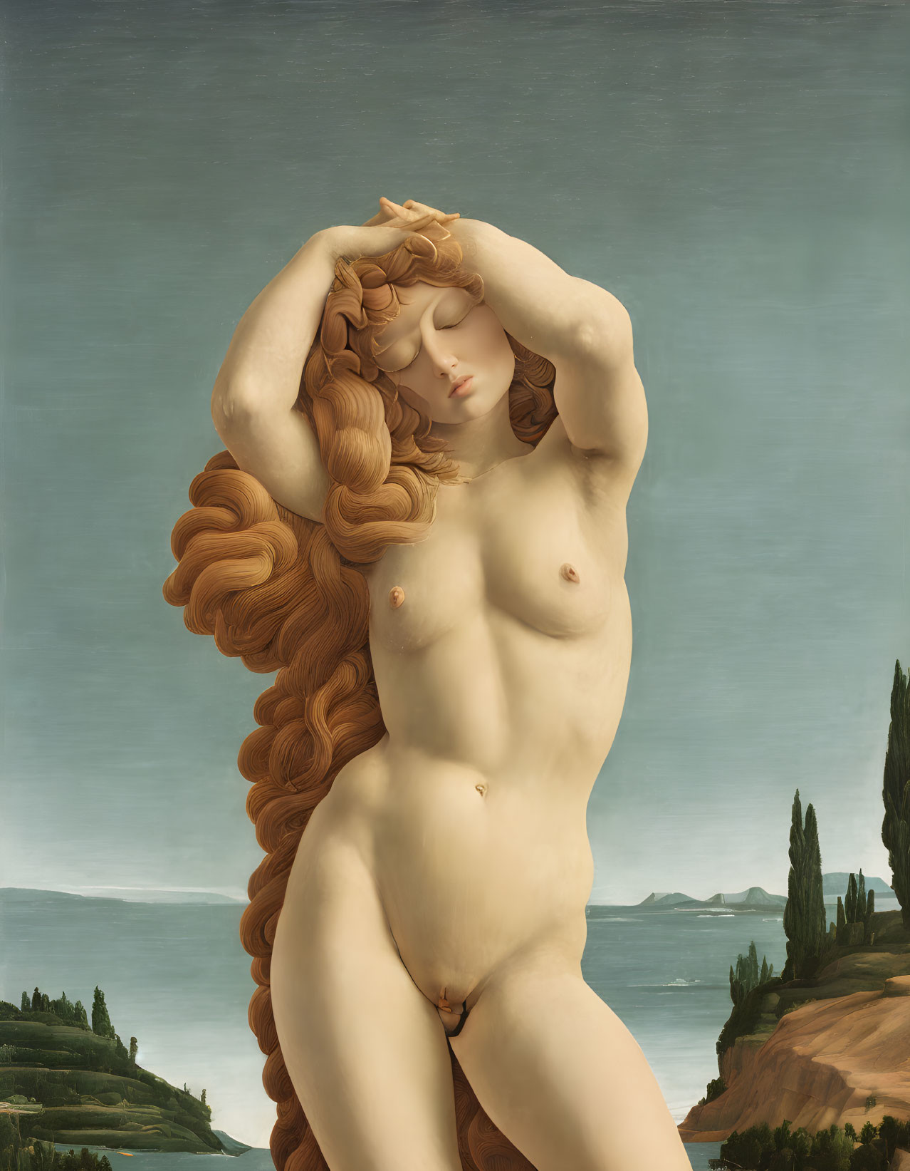 Classical nude woman painting with red hair in contrapposto pose