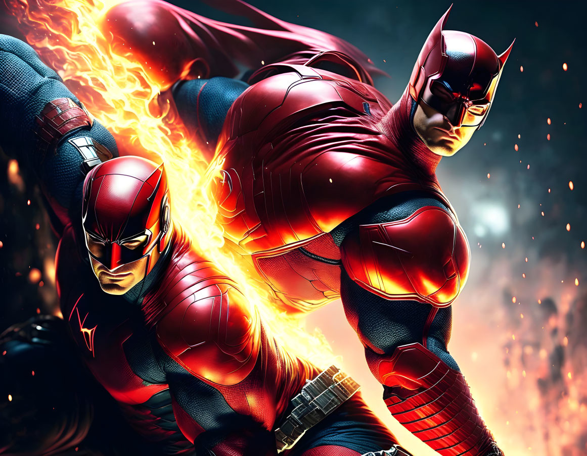 Dynamic Crimson Superheroes in Flaming Costumes with Explosive Backdrop