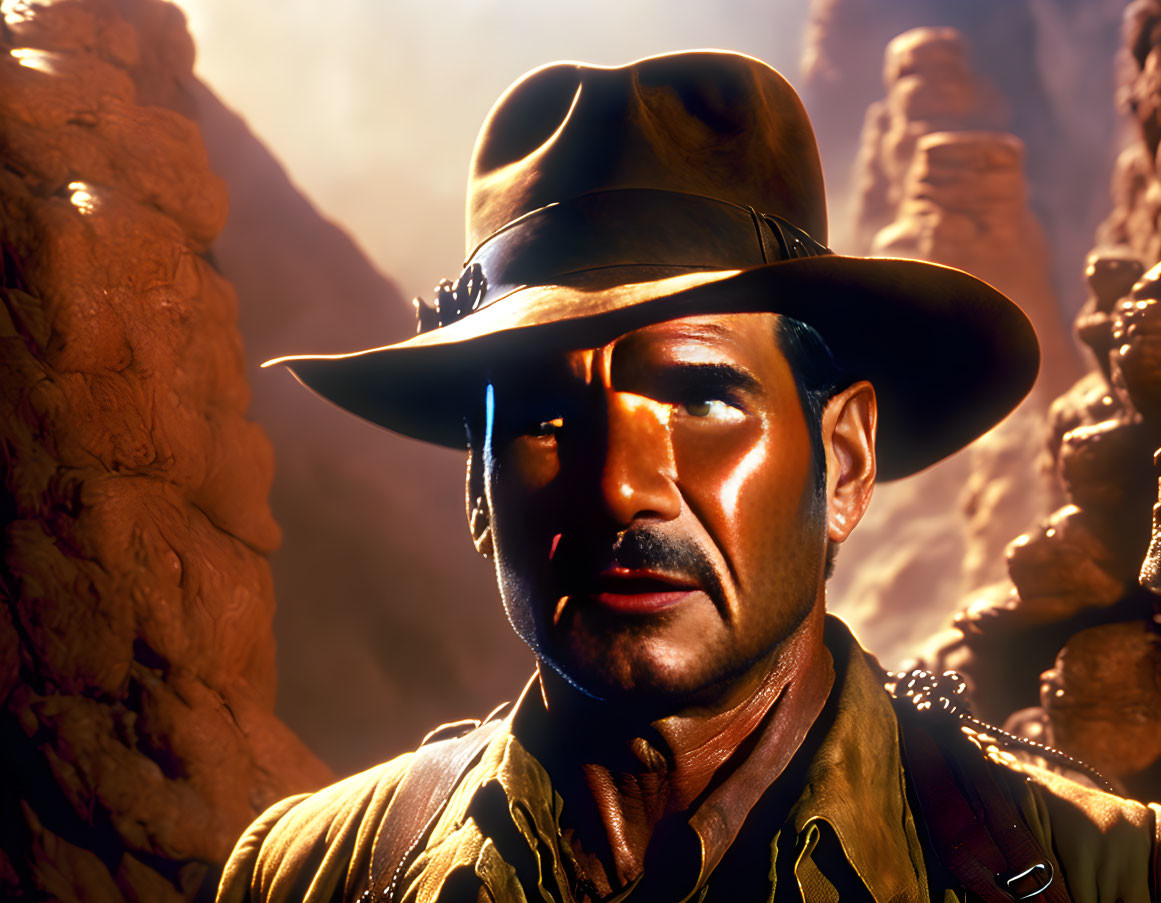 Rugged adventurer in fedora hat amid rocky formations