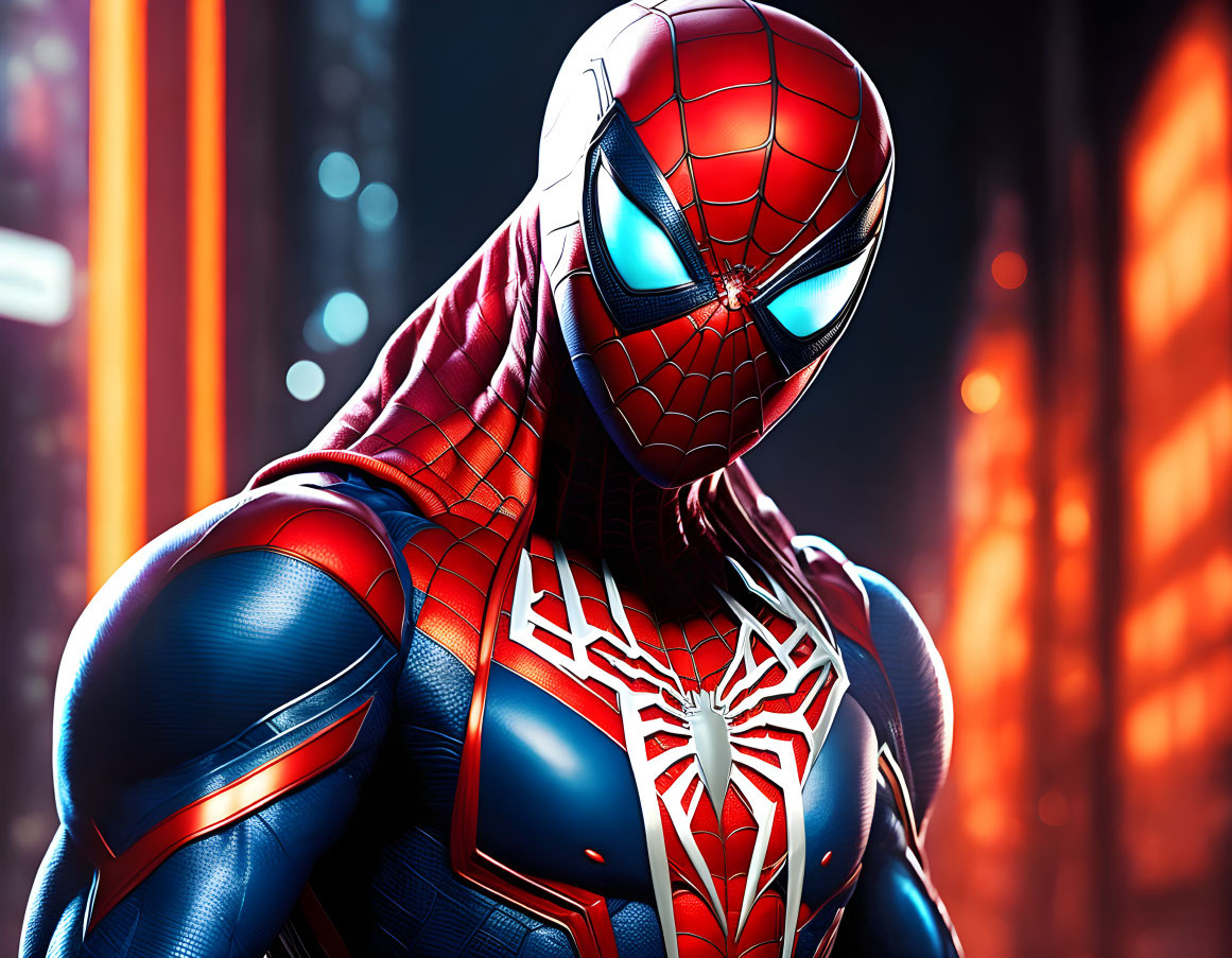 Detailed Spider-Man in Illuminated Suit Against Neon Cityscape