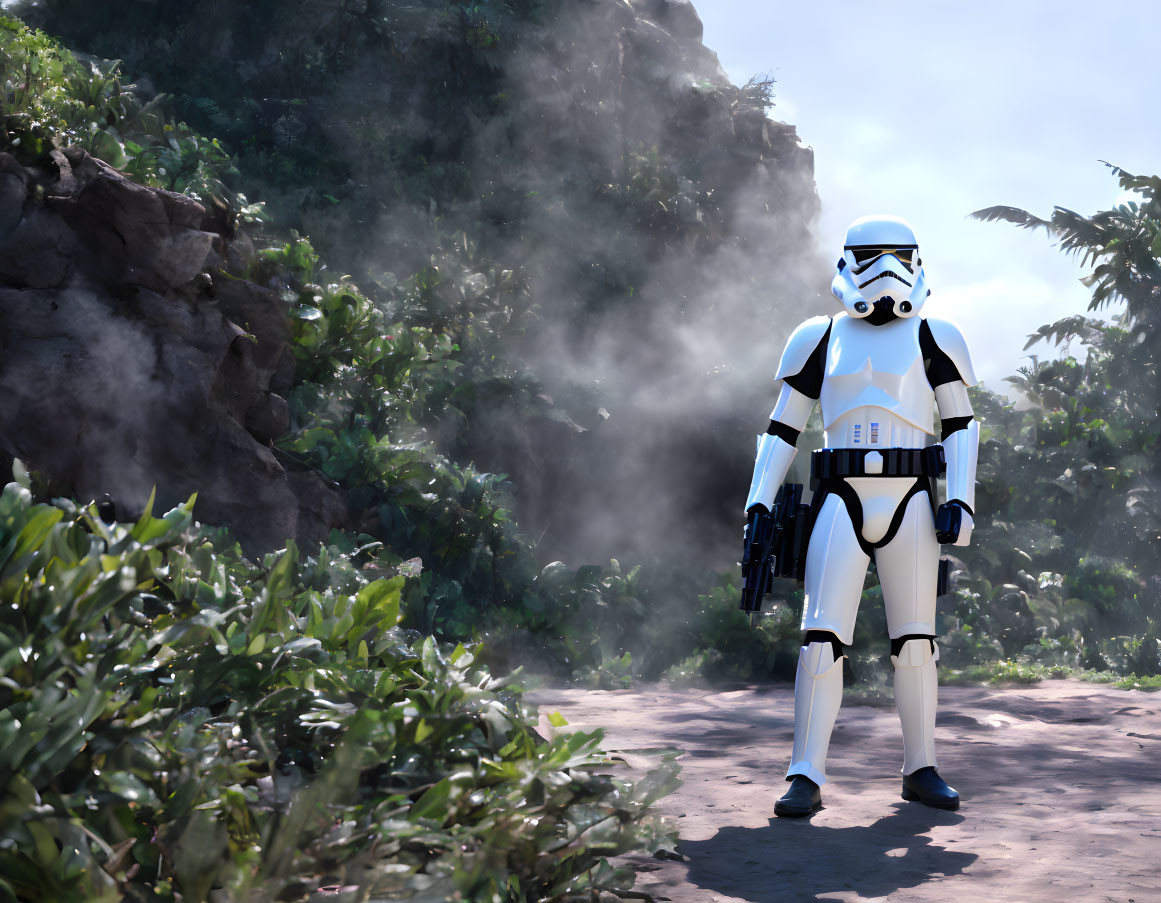 Stormtrooper in misty forest clearing with blaster surrounded by rocks and vegetation