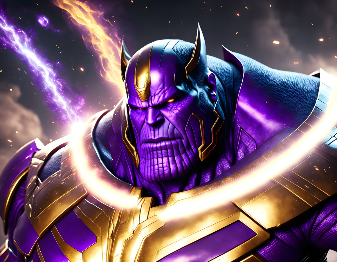 Close-up of a figure in purple and gold armor against cosmic lightning backdrop