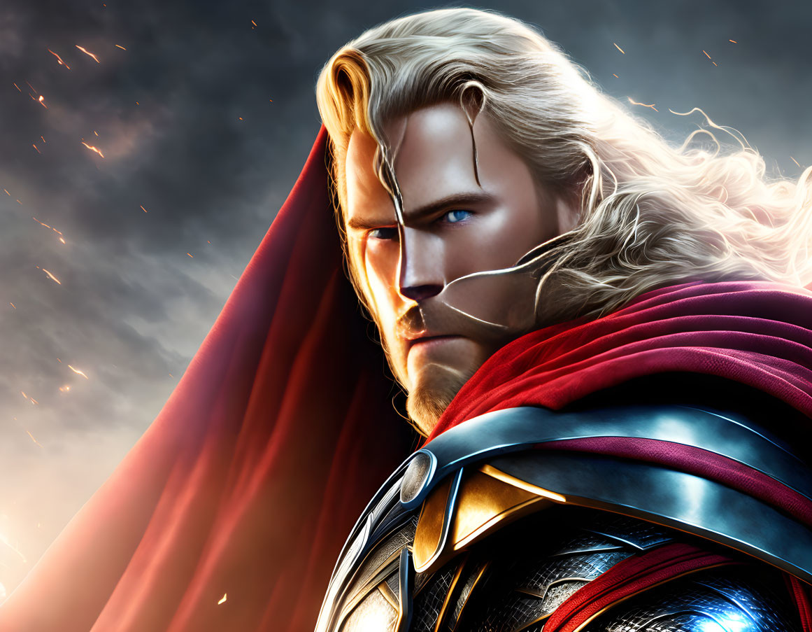 Close-up of Thor with flowing blonde hair and red cape against dramatic sky.