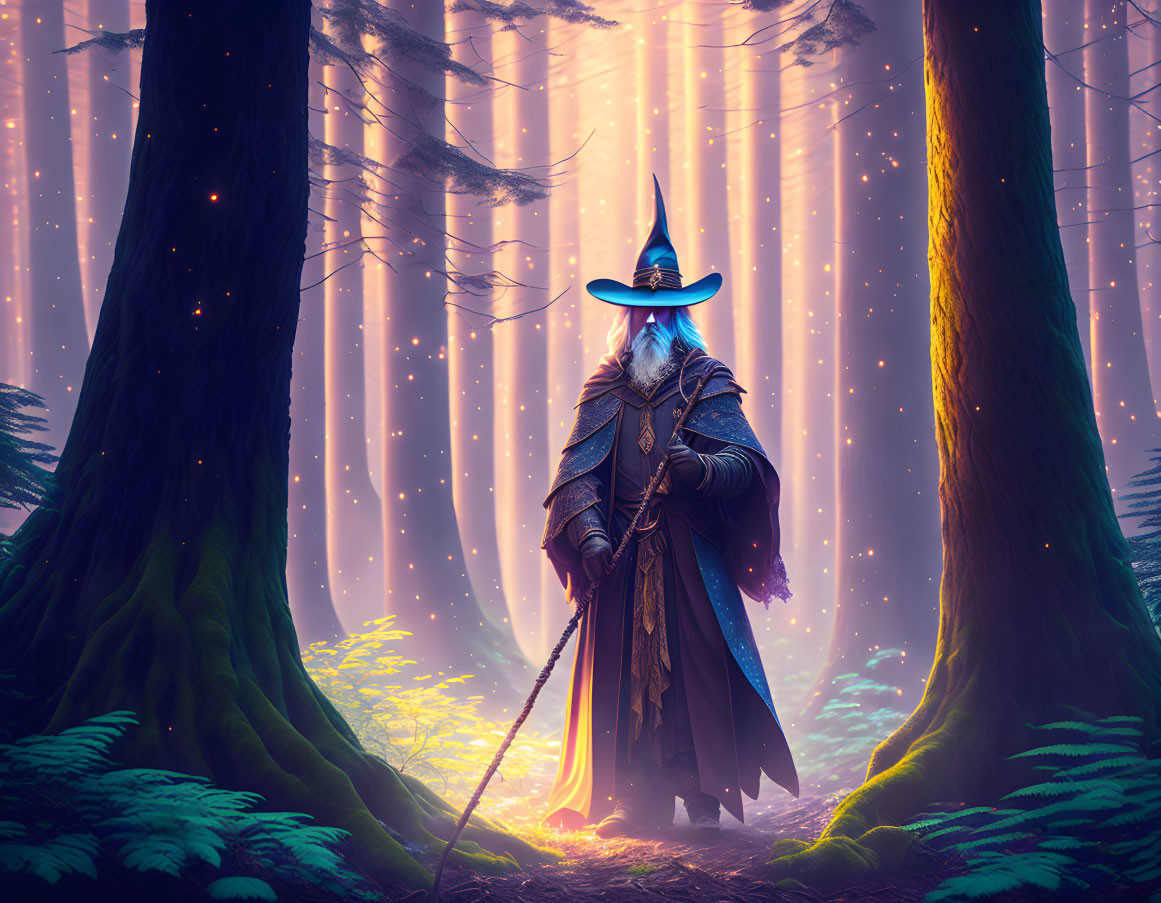 Mysterious wizard in blue hat and cloak in magical forest with sunlight and sparkling particles.