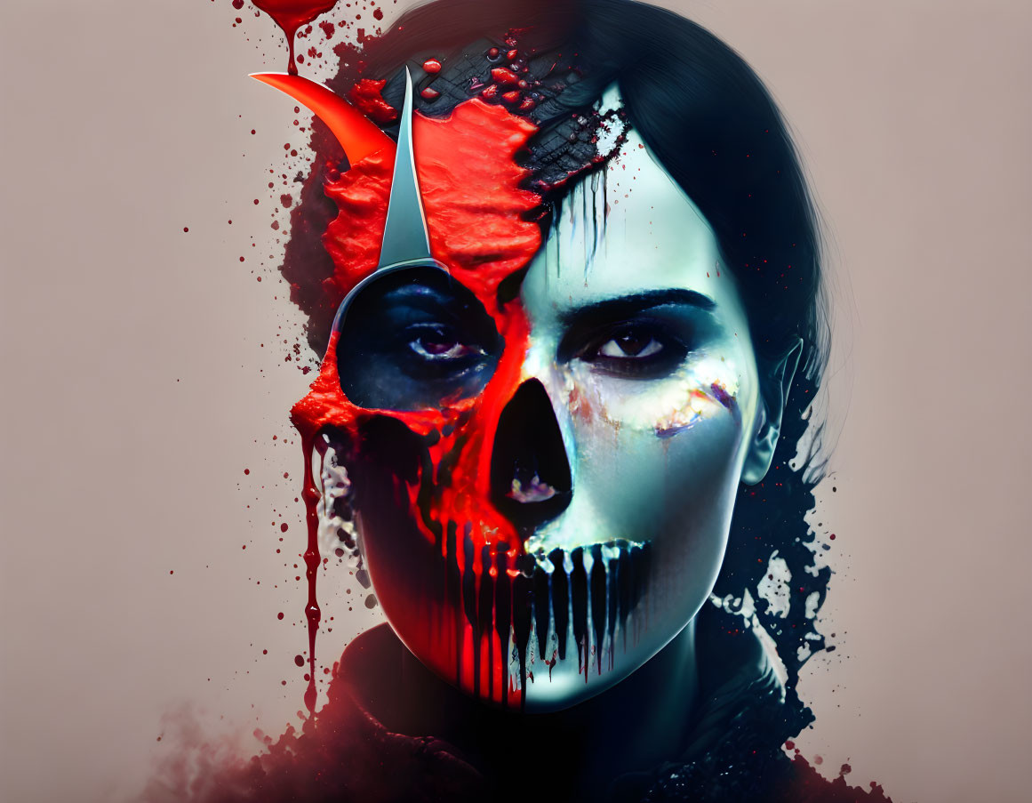 Split composition of woman's face and demonic skull with red splatters merging.