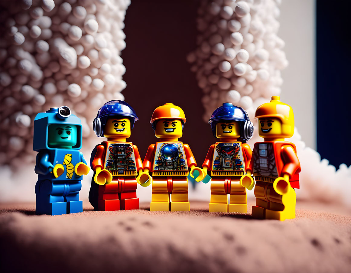 LEGO astronaut and robot figures on Martian landscape with large spheres