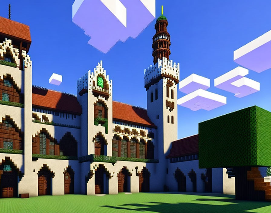 Minecraft-rendered grand castle with tall tower and blocky clouds