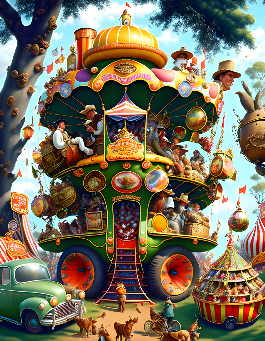 Colorful whimsical scene with ornate vehicle and festive backdrop