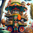 Colorful whimsical scene with ornate vehicle and festive backdrop