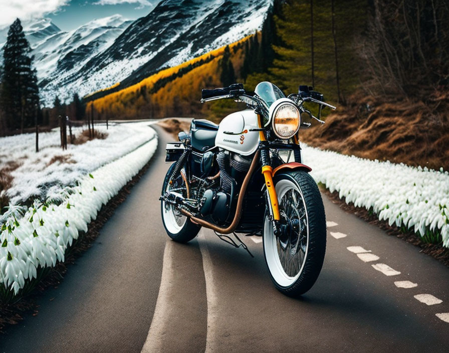 Vintage Motorcycle on Mountain Road with Snow-Covered Peaks