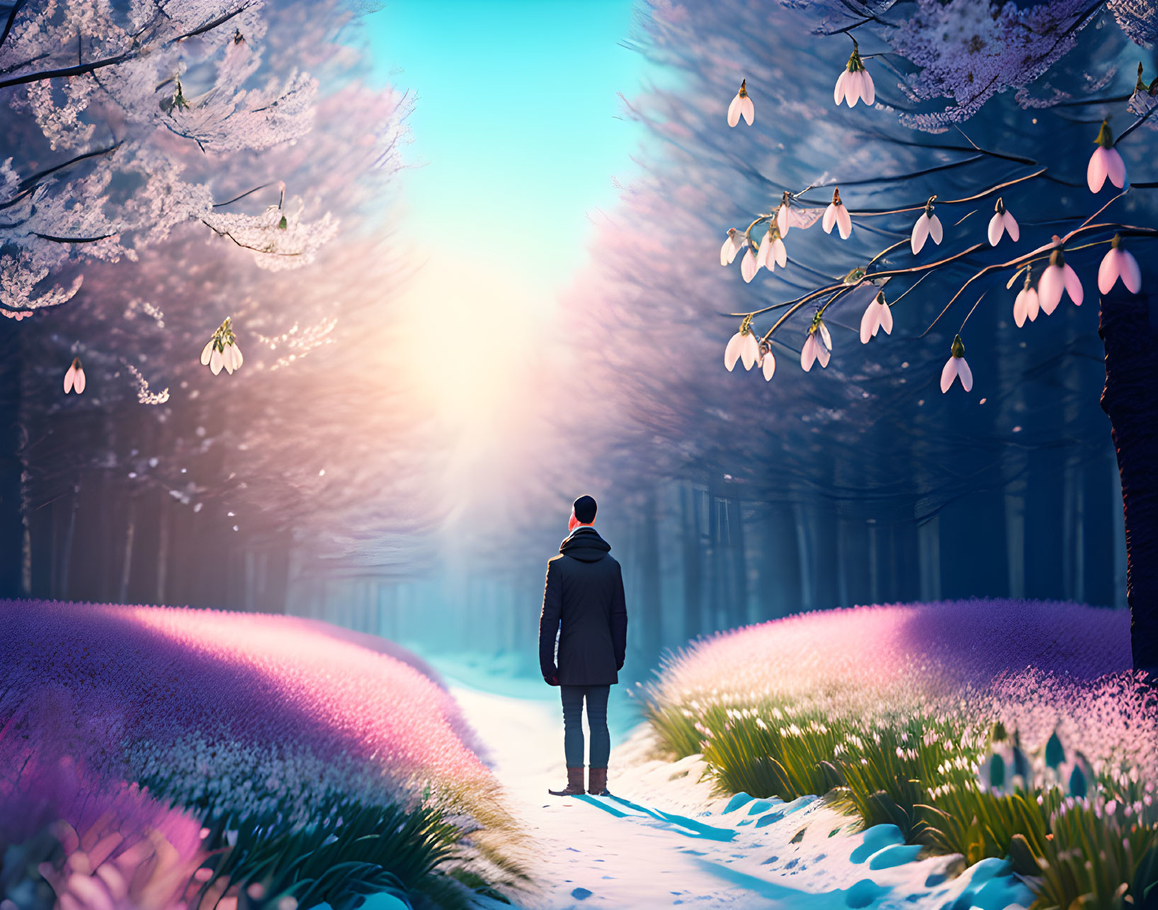 Solitary figure walking snowy path in vibrant forest with pink flowering trees