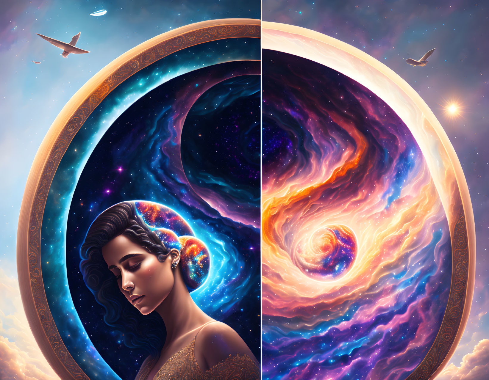 Surreal illustration: Woman with space-themed hair in circular portal juxtaposing cosmic and earthly skies