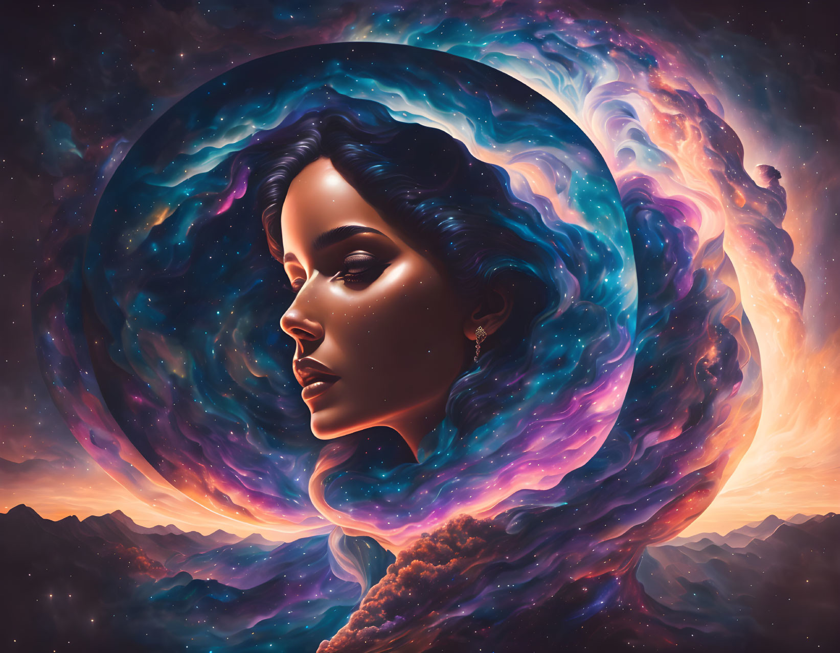 Surreal portrait of a woman merging with cosmic swirls and mountainscape