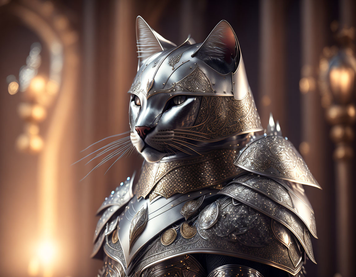 Detailed Digital Artwork of Cat in Medieval Knight Armor