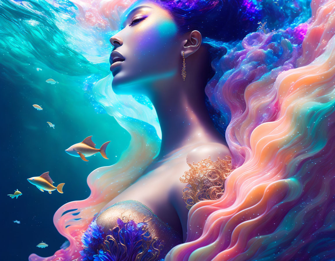 Vibrant surreal portrait: woman with flowing blue and orange hair underwater.