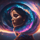 Surreal portrait of a woman merging with cosmic swirls and mountainscape