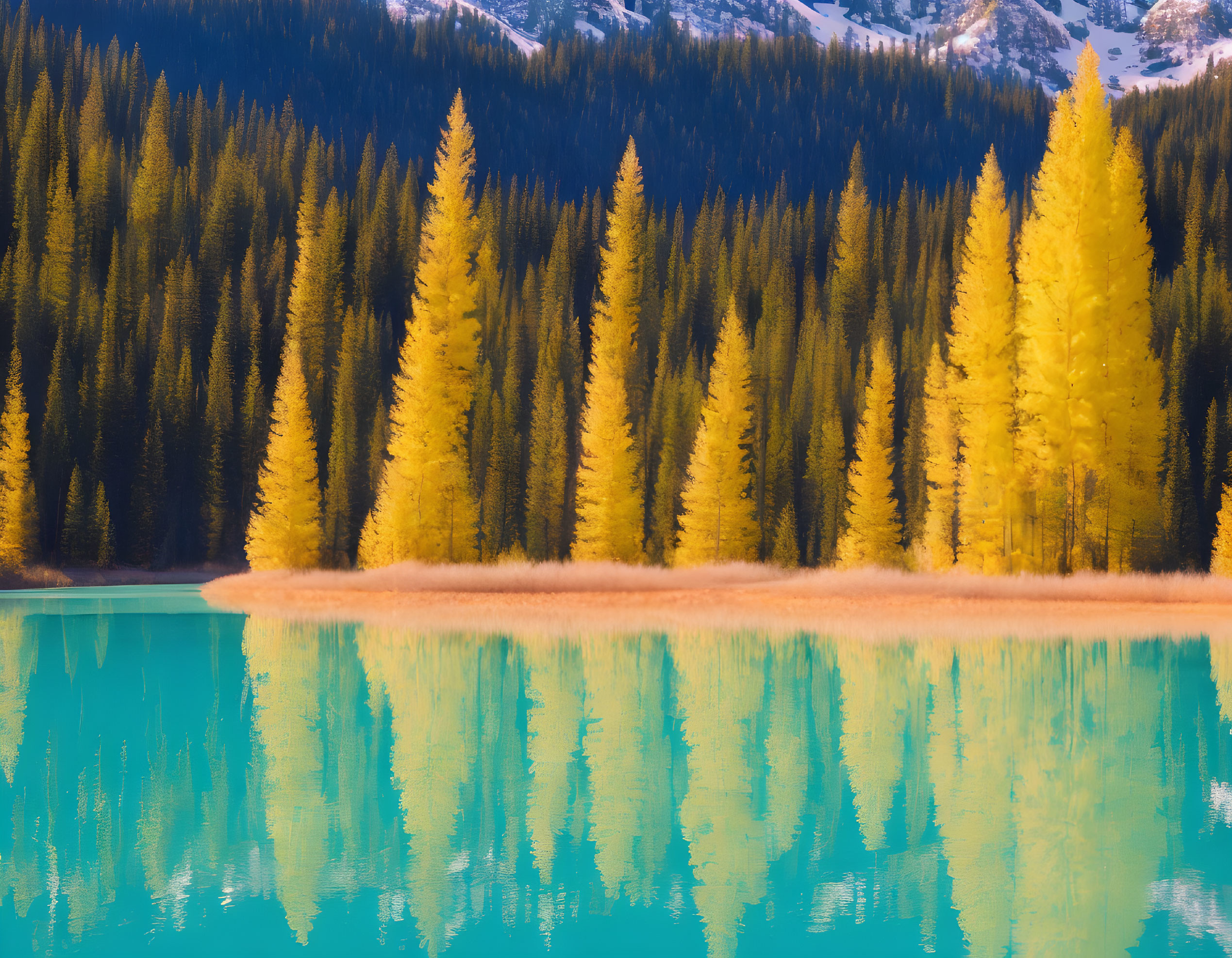 Scenic mountain lake with vibrant yellow larch trees