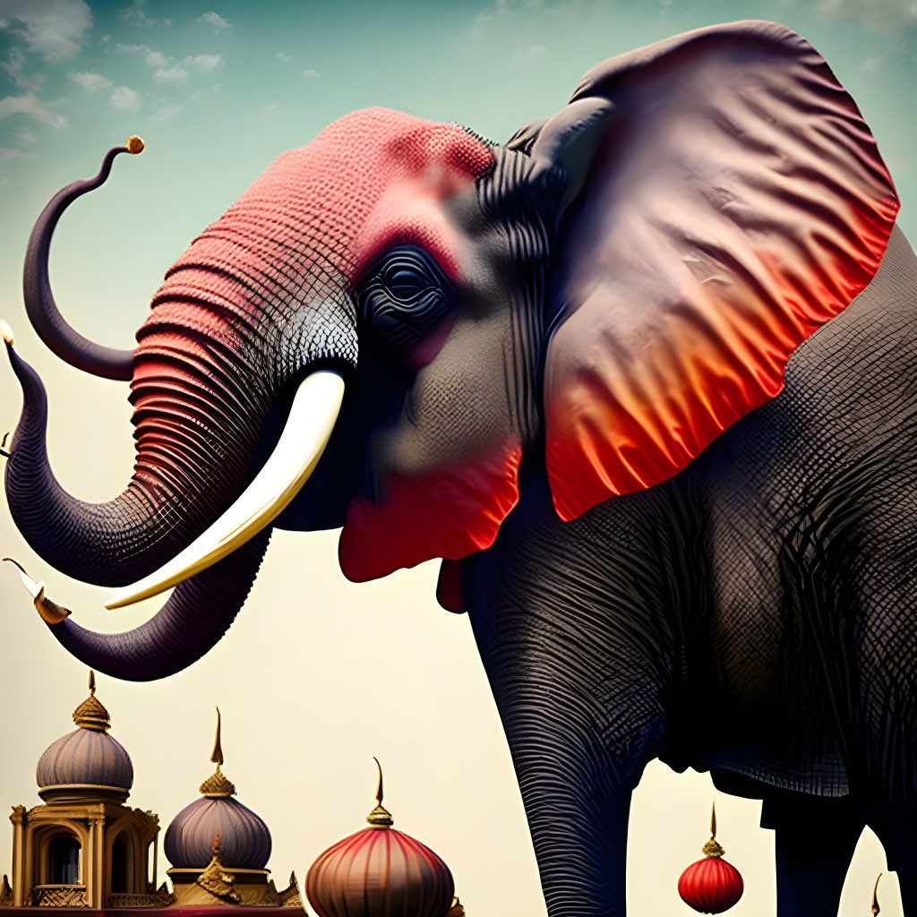 Colorful Digital Artwork: Elephant in Sky with Golden Ornaments