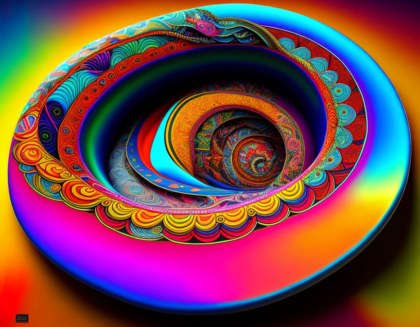 Colorful digital artwork: intricate spiral patterns like peacock feathers.