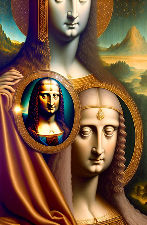 Surreal triple-faced figure with Mona Lisa elements in orange against mountainous backdrop