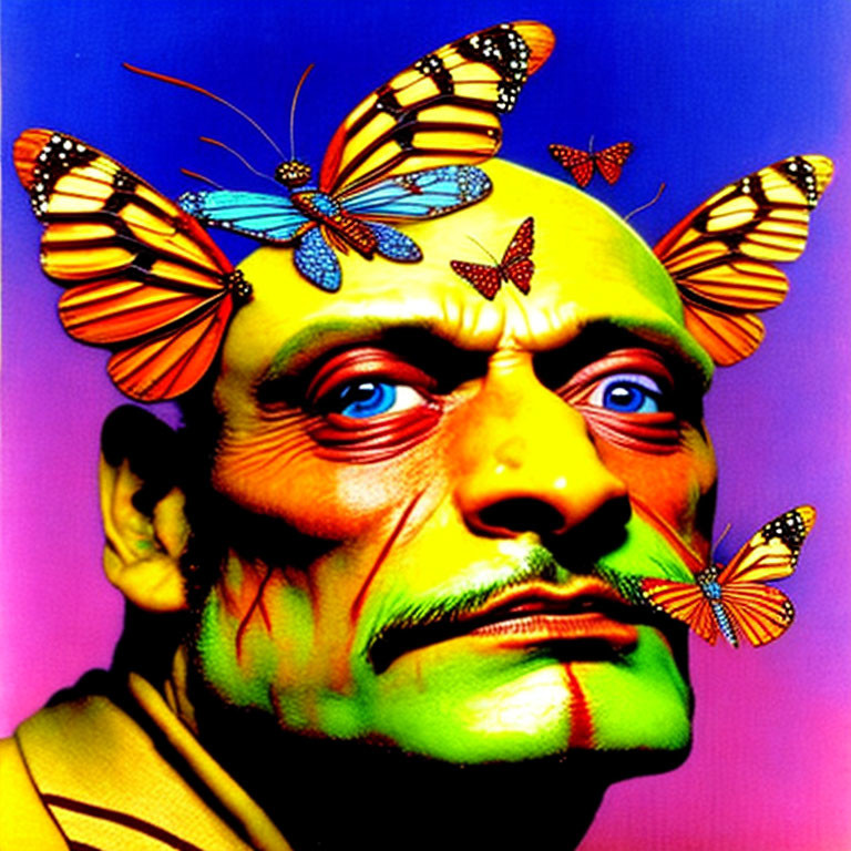 Vibrant portrait of man with butterflies on face on gradient backdrop