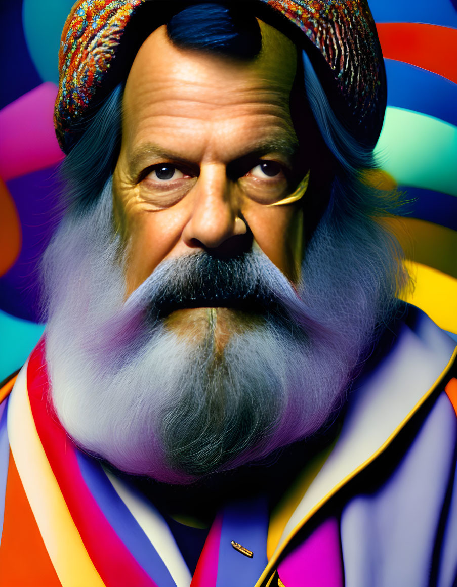 Vibrant portrait of older man in colorful attire against psychedelic backdrop