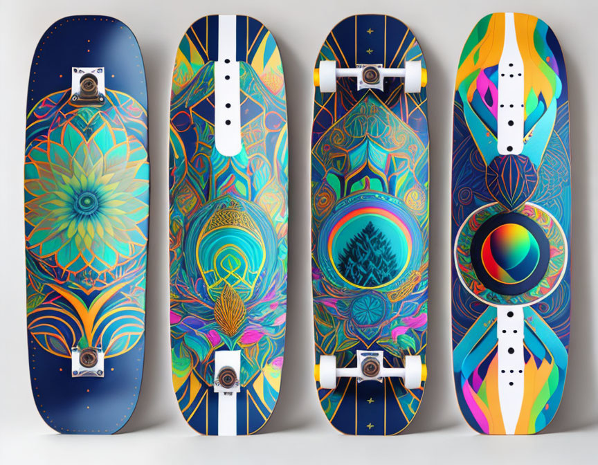 Four Colorful Skateboards with Unique Artistic Designs