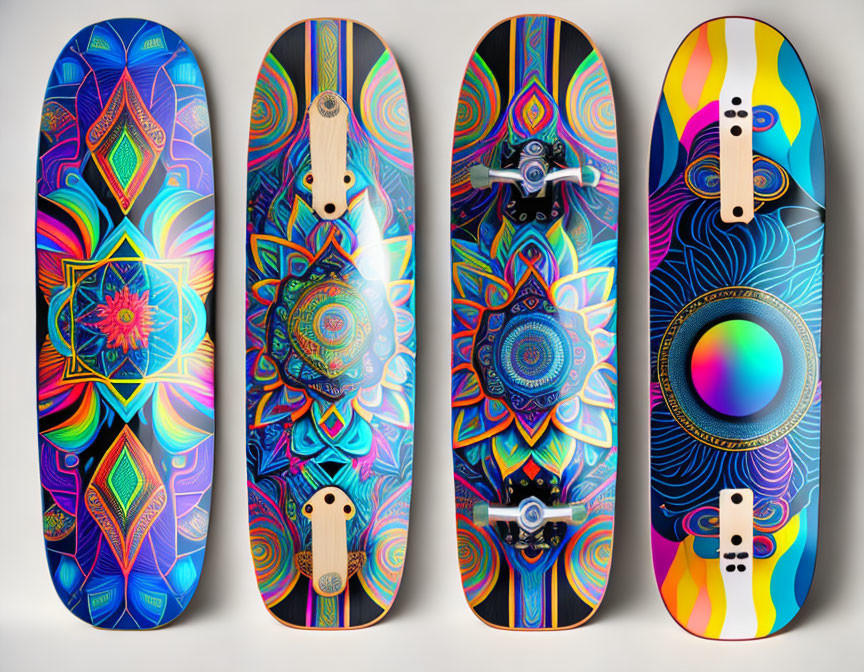 Colorful Skateboards with Psychedelic Patterns and Mandala Designs