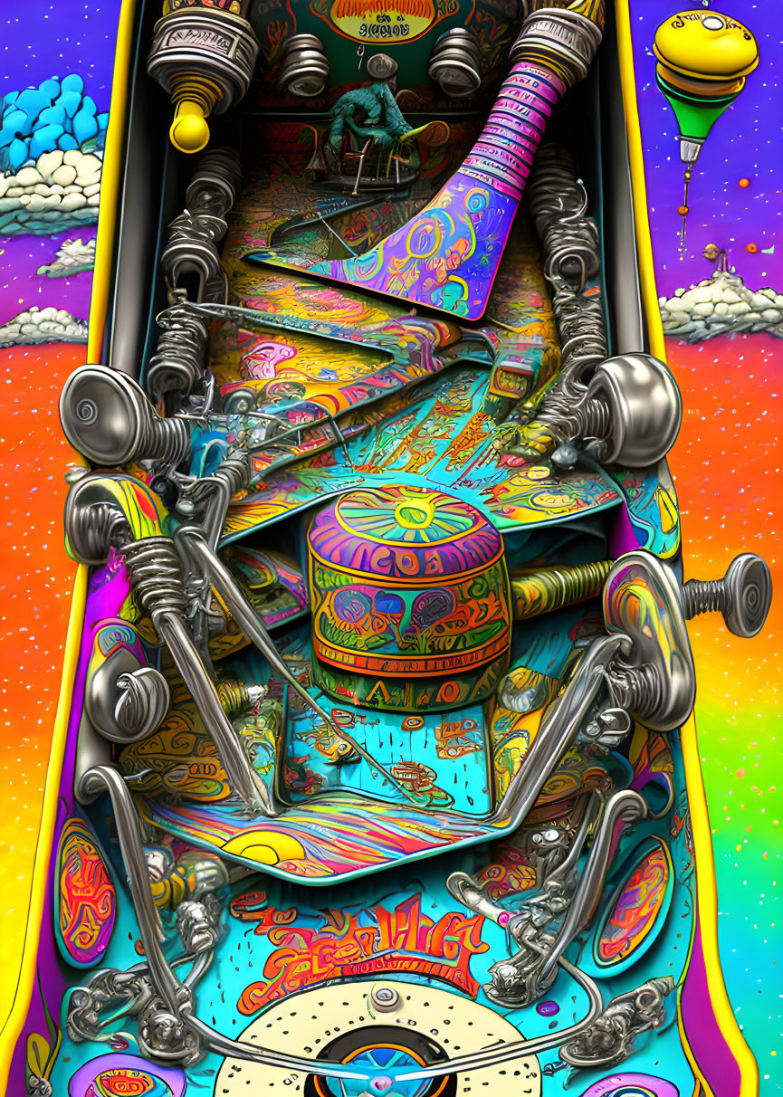 Colorful Psychedelic Pinball Machine Illustration with Robotic Arms and Surreal Elements