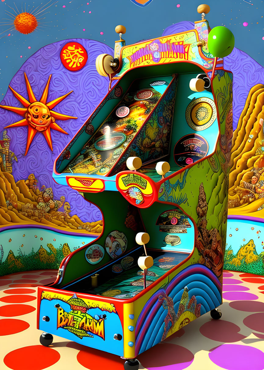 Colorful Pinball Machine Illustration with Psychedelic Patterns