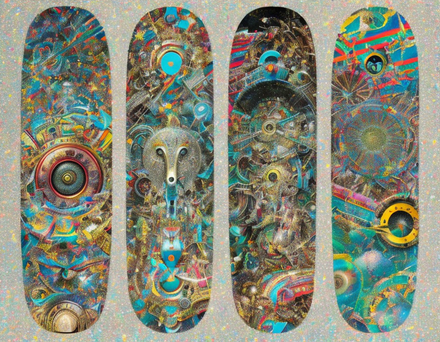 Abstract Mechanical and Cosmic Skateboard Deck Designs in Vibrant Colors