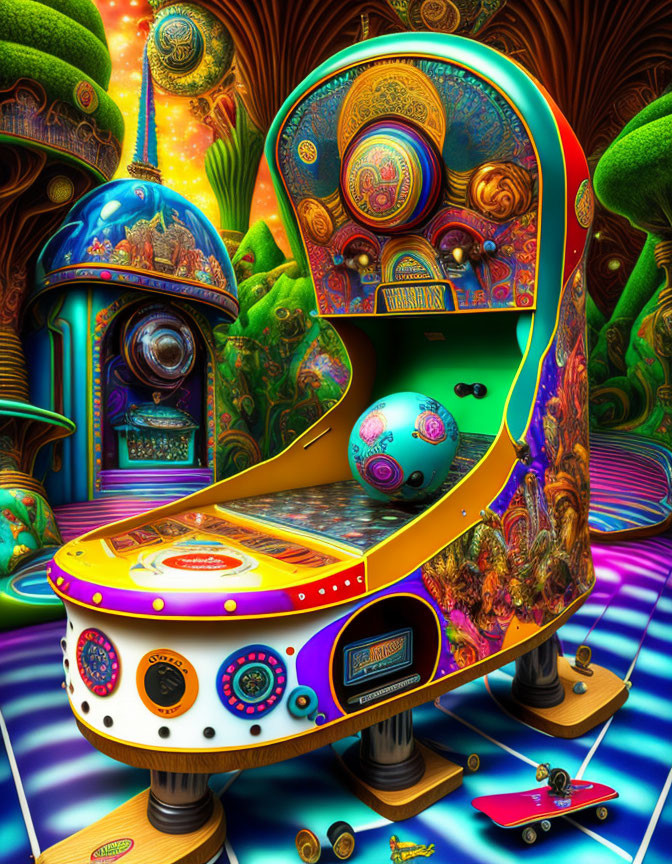 Colorful Psychedelic Pinball Machine with Surrealistic Scenery