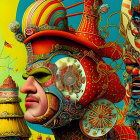 Colorful surreal illustration of figure with elaborate headgear adorned with jewels and intricate details in ornate style