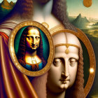 Surreal triple-faced figure with Mona Lisa elements in orange against mountainous backdrop