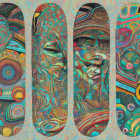 Abstract Mechanical and Cosmic Skateboard Deck Designs in Vibrant Colors