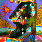 Vibrant Psychedelic-Themed Pinball Machine with Celestial Artwork