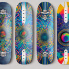 Four Colorful Skateboards with Unique Artistic Designs