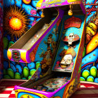 Colorful Psychedelic Pinball Machine Illustration with Robotic Arms and Surreal Elements