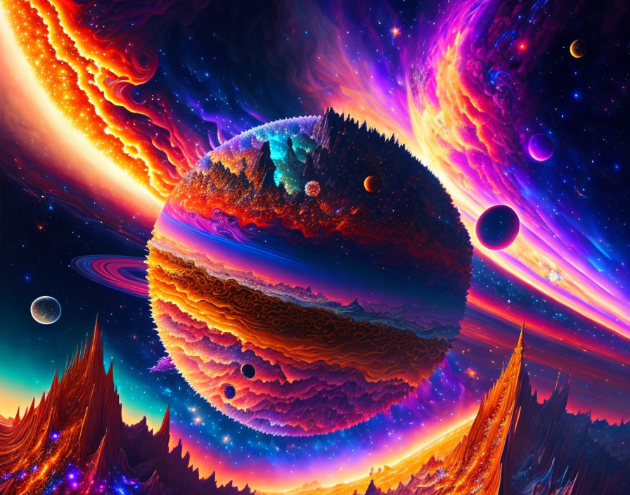 Colorful cosmic digital artwork: layered planet with rings, stars, galaxies, and nebulae.