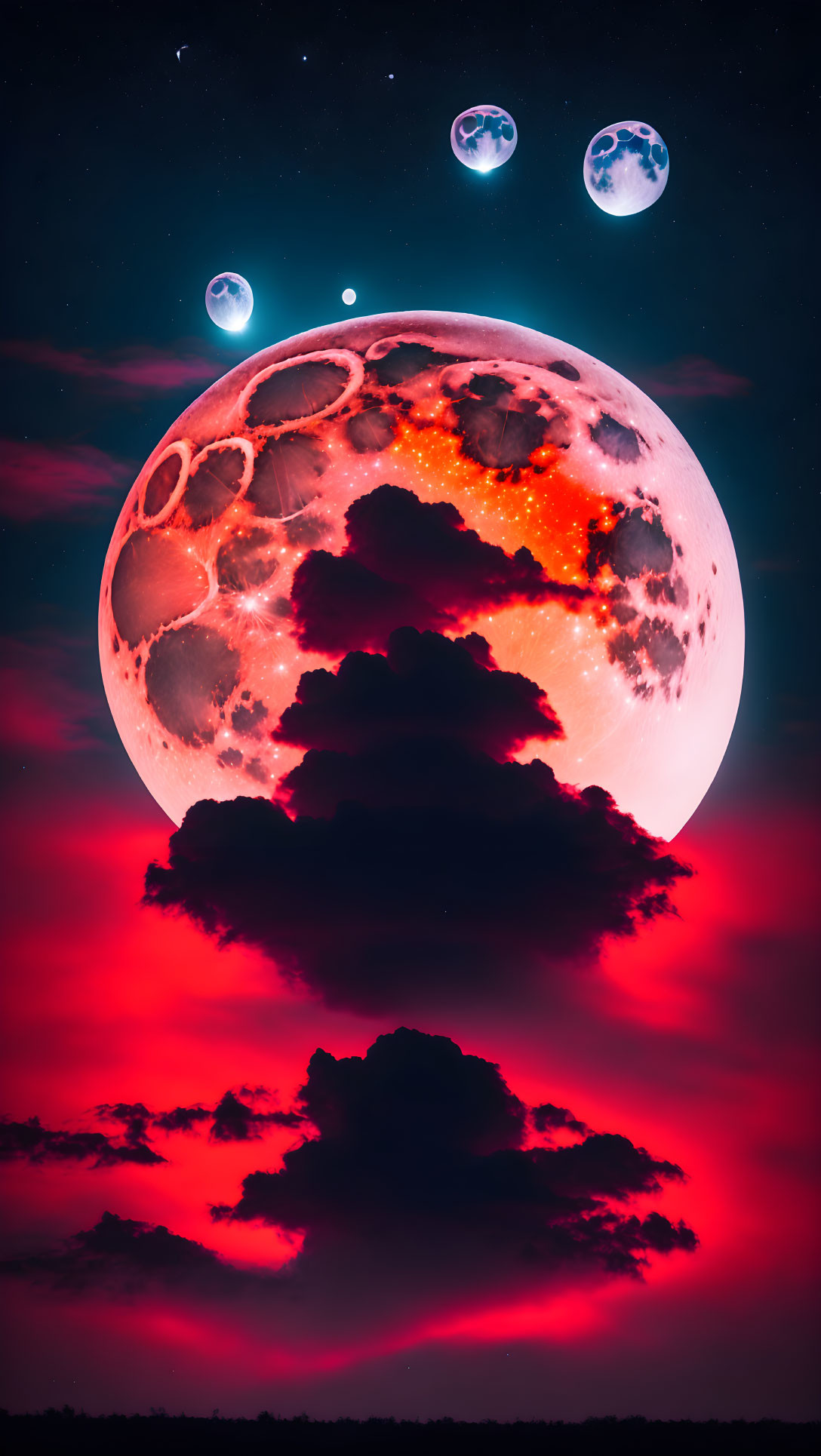 Vividly colored moon with lava-like patterns in surreal night sky