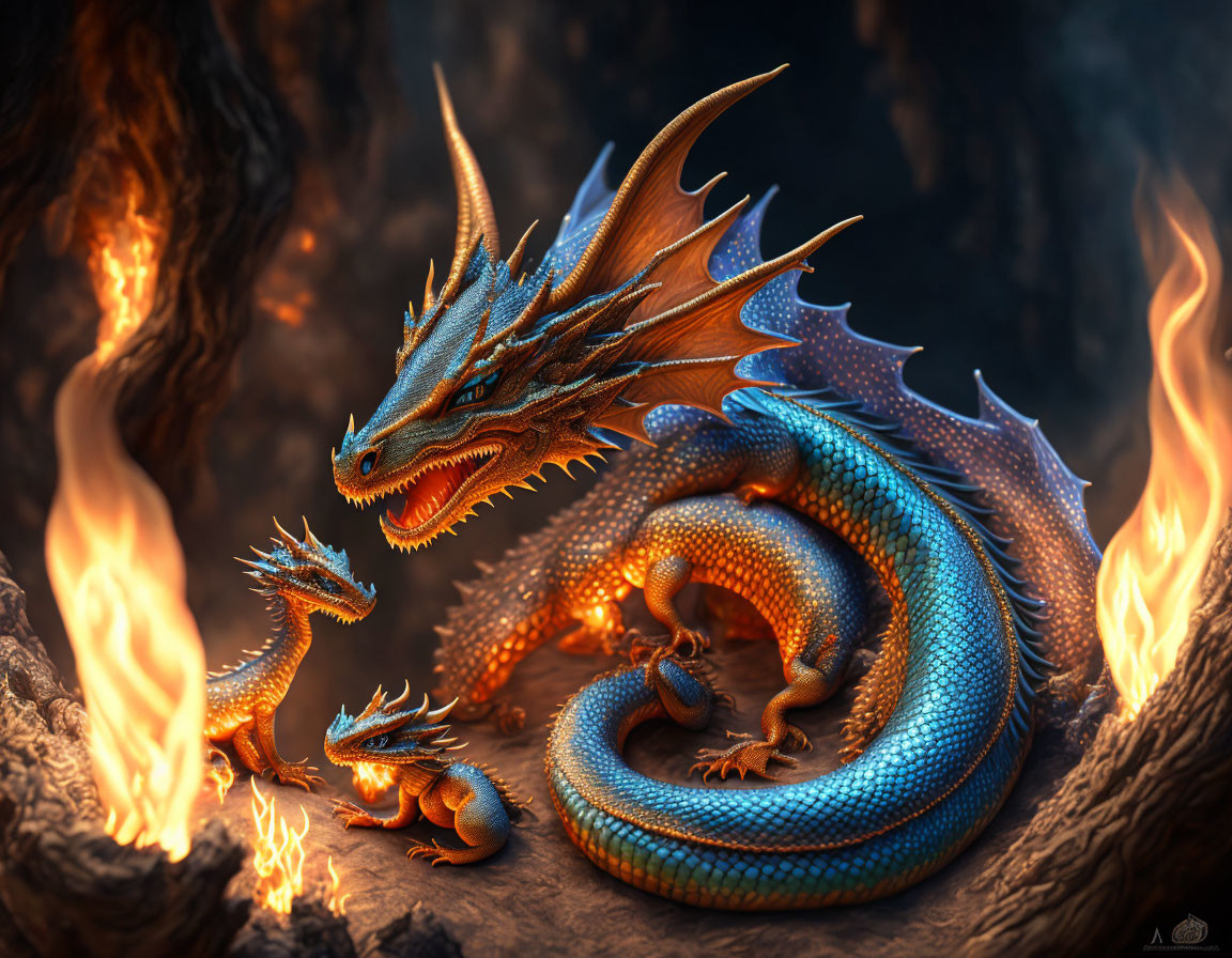 Blue dragon with orange underbelly surrounded by smaller dragons in fiery landscape