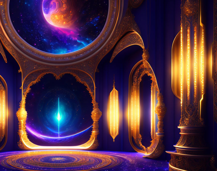 Fantastical room with golden arches, cosmic swirl window, and glowing blue object