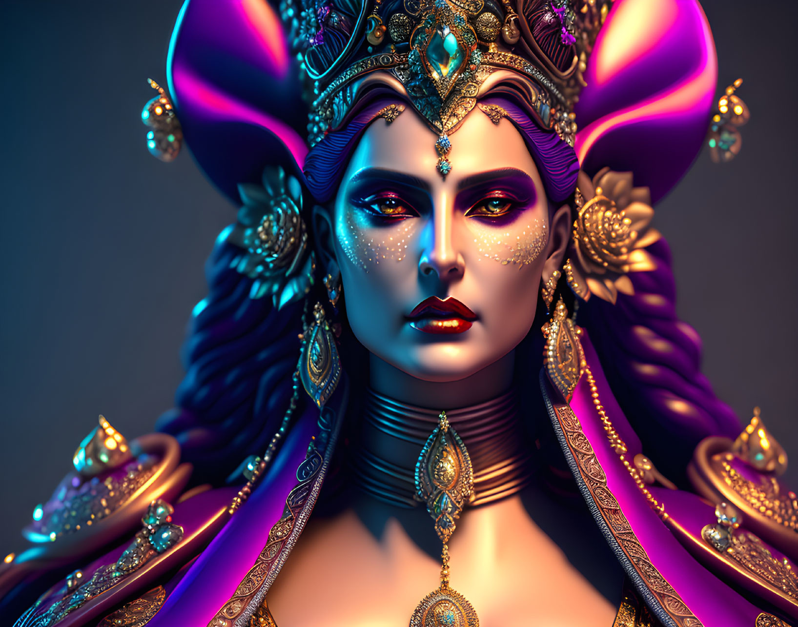 Regal 3D illustration of figure in golden headdress and violet attire