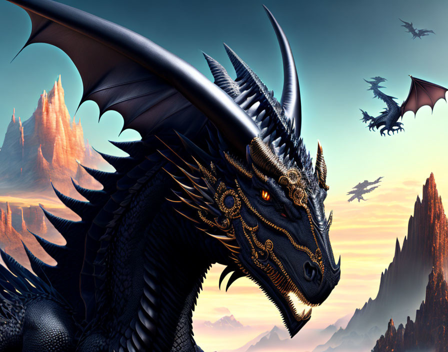 Black Dragon with Intricate Horns and Scales Surrounded by Flying Dragons in Mystical Dusk