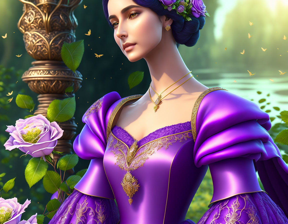 Detailed digital artwork: Woman in purple dress with gold embroidery in serene garden with butterflies.