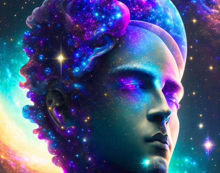 Colorful Human Profile Illustration with Cosmic Theme