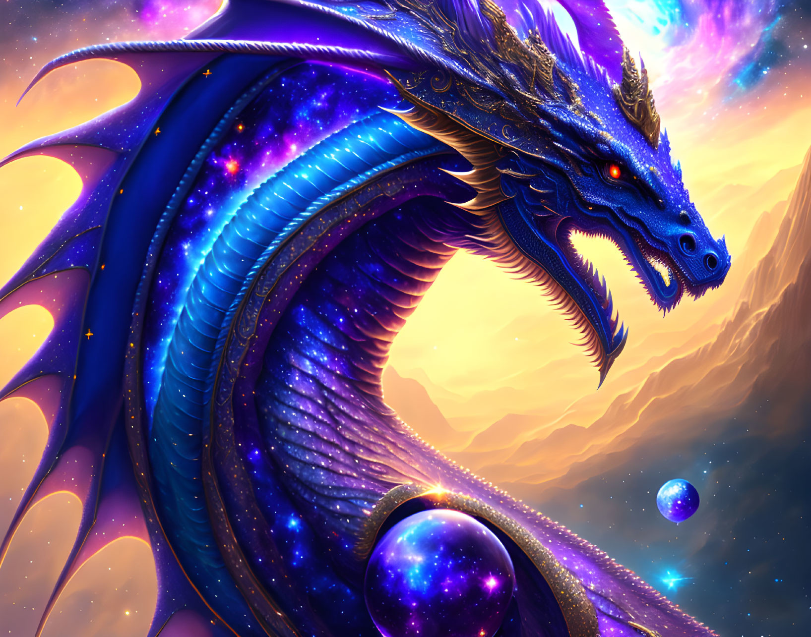 Blue dragon with cosmic scales in twilight sky.